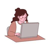 Girl Employee Cartoon Character Typing on Keyboard Working with Laptop vector