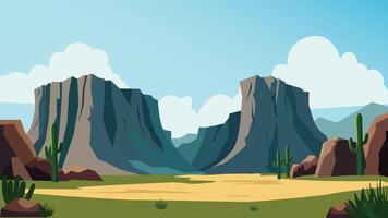 American Desert Nature View Wallpaper with Rocky Cliff and Cactus Plant in Bright Sky vector