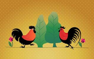 chickens graphics character with green trees and pink flower on yellow gradient background vector