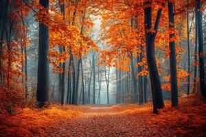 Autumn forest path with vibrant orange leaves in a tranquil woodland setting at dawn photo