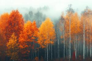Autumn trees with vibrant orange and yellow foliage under a foggy sky in a serene forest photo