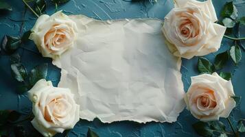 White Roses and Crumpled Paper on a Teal Background photo