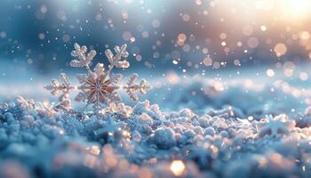 A Single, Glittering Snowflake Resting on a Bed of Snow photo