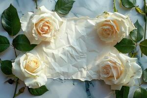 White Roses Surrounding Crumpled Paper on a Marble Background photo