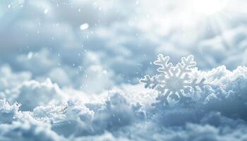 A Single Snowflake Resting on a Snowy Surface with Falling Snow photo