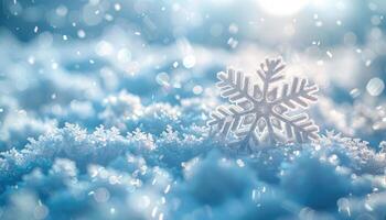 A Detailed Close-Up of a Sparkling Snowflake in a Snowy Landscape photo