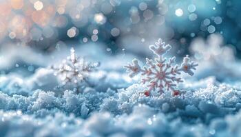 Close-up of a Snowflake on a Snowy Surface with Sparkling Lights in the Background photo