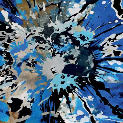 A blue and black abstract painting with splashes of paint