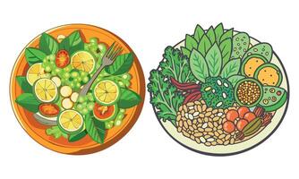 Two plates with different types of vegetables and fruits vector