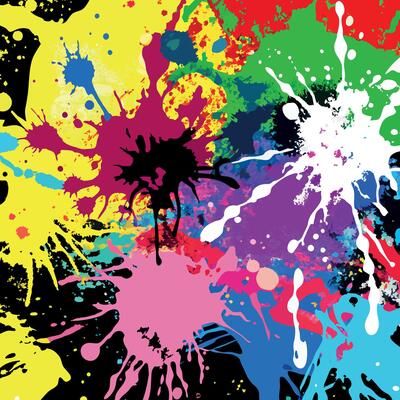 Colorful paint splashes on a black background