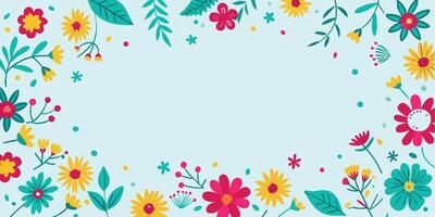 Floral frame with colorful flowers and leaves on a blue background vector