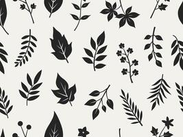 Seamless pattern of various black silhouettes of leaves and botanical elements on a white background vector
