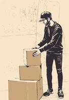 Manual Laborer Arranging Cardboard Storage vector