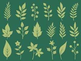 Collection of green silhouette illustrations of various leaves and floral elements vector