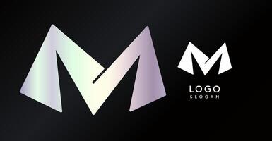 Geometric triangular M letter, abstract dynamic logo, modern holographic gradient monogram for gaming, technology, urban art, innovation, streetwear brand, sci-fi cybersport. illustration vector
