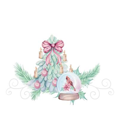Watercolor green Christmas tree arrangement, candle with fir and gift, snow globe, glass ball shaker. Bird red cardinal, with brunch, red berries Cartoon romantic style. For Merry Christmas winter card. Hand painted illustration. clip art