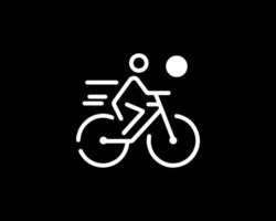 A white line icon of a man riding a bicycle vector