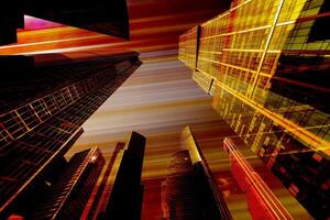 Modern skyscrapers - high-rise buildings in the down town. Bottom view. photo
