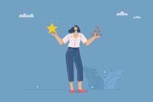 Businesswoman standing holding quality star and low quality star, Quality vs Quantity, Concept of excellent result oriented work vs high quantity oriented work, Good product vs low quality product. vector