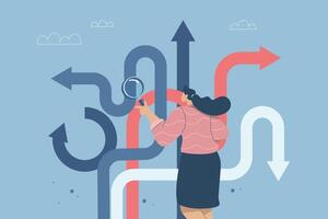 Confusion or decision about business approach, Choosing the right direction, Finding the right business direction, Businesswoman using magnifying glass to guide business and make business decisions. vector