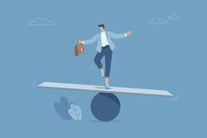Businessman balancing on a plank, Concept of flexibility and adaptability, Flexibility or agility in response to uncertain situations, Adapting strategies to adverse business situations, . vector
