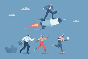 Defeating business competitors, New creativity creates competitive advantage, Business leaders win, Strategies and ideas for success, Businessman riding a rocket at high speed, design. vector