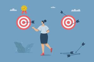 The goal of a company or organization that emphasizes quality over quantity, The goal of quality products with quantity, Businesswoman compares a fixed goal with the number of arrows. design. vector