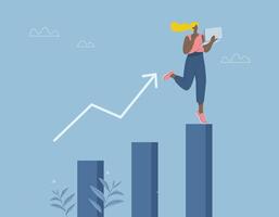 Growth and success, Career development and business success concepts, Business victory, Symbol of ambition, Businesswoman with laptop happy and jumping for joy on a high growing bar graph. vector
