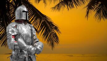 Knight in helmet and metal armor. photo