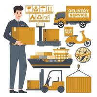 Logistic icons set Delivery shipment transport loaders and couriers with cardboard boxes, forklift, truck, container ship vector