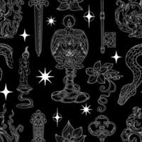 Seamless pattern with engraved mystic and gothic objects - ritual cup, sword, snake against black. Halloween background with esoteric and occult symbols vector