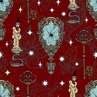 Seamless pattern with colorful engraved mystic and gothic objects - broken mirror, key, candle. Halloween background with esoteric and occult symbols vector