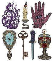 Hand drawn design set with colorful engraved mystic and gothic objects - mirror, key, candle, cup, scary hand, sword. Hand drawn illustrations for Halloween with esoteric and occult symbols vector