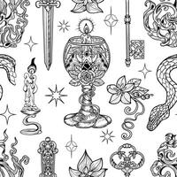 Seamless pattern with engraved mystic and gothic objects - cup, candle, ritual sword on white. Halloween background with esoteric and occult symbols vector