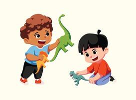 Two boys playing with dinosaur toys vector