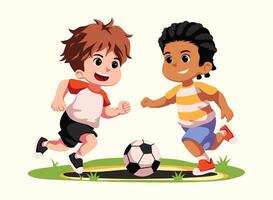 Two boys are playing soccer and are fighting over the ball vector