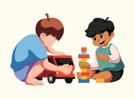 Two boys playing with trucks and legos vector