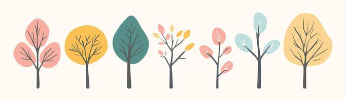 Set of tree and leaf collection hand drawn flat design element illustration. botanical set of bare trees and ones with leaves and lush green vector