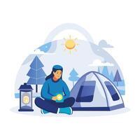 A flat illustration shows a person enjoying a solo camping trip vector