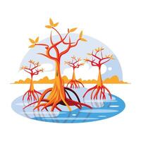 A flat illustration of a mangrove forest with unique trees growing in the water vector