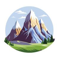 A flat illustration of a snow mountain range with a serene lake in the foreground vector