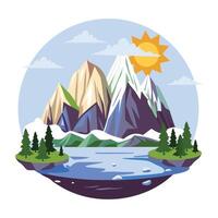 A flat illustration of a stunning mountain view with a serene lake reflecting the majestic peaks vector