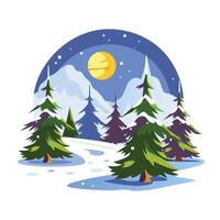 A flat illustration of a snow mountain range with a serene lake in the foreground vector
