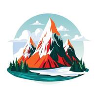 A flat illustration of a snow mountain range with a serene lake in the foreground vector