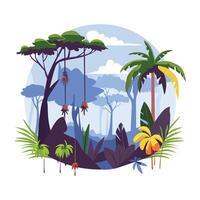 A flat illustration of a lush, vibrant jungle with towering trees, exotic plants, and a glimpse of a tropical sky vector