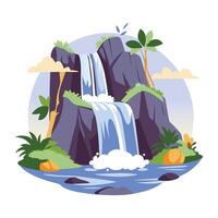 A flat illustration of a snow mountain range with a serene lake in the foreground vector