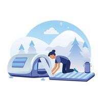 This flat illustration shows a person setting up a sleeping pad outside a tent in a snowy landscape vector