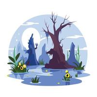 A flat illustration of a scary forest with a full moon vector