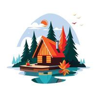 A flat illustration of a cozy lake cabin, surrounded by autumn trees and a vibrant sunset sky vector
