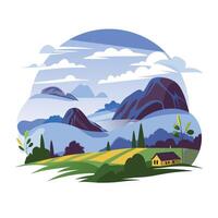A flat illustration of a snow mountain range with a serene lake in the foreground vector